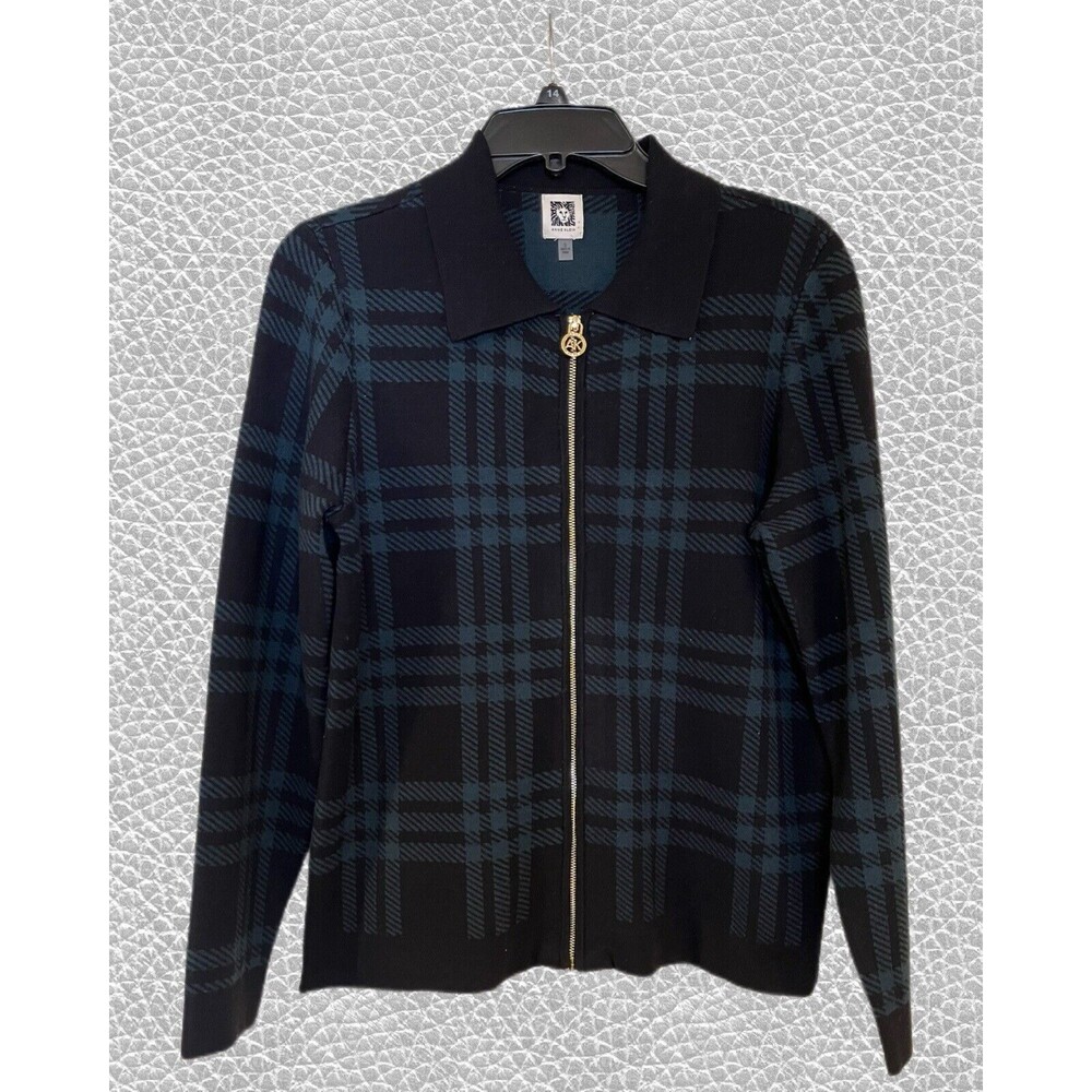 Anne Klein Green Black 'Treeline' Plaid Zip Up Cardigan Sweater Jacket Small